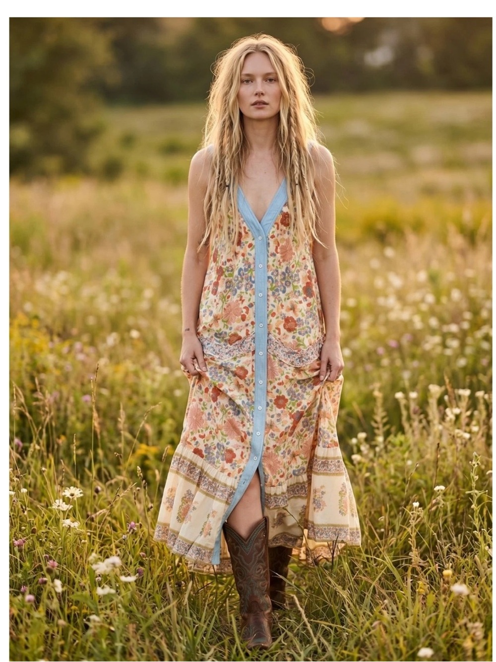 Free People Floral Maxi Dress with Blue Trim